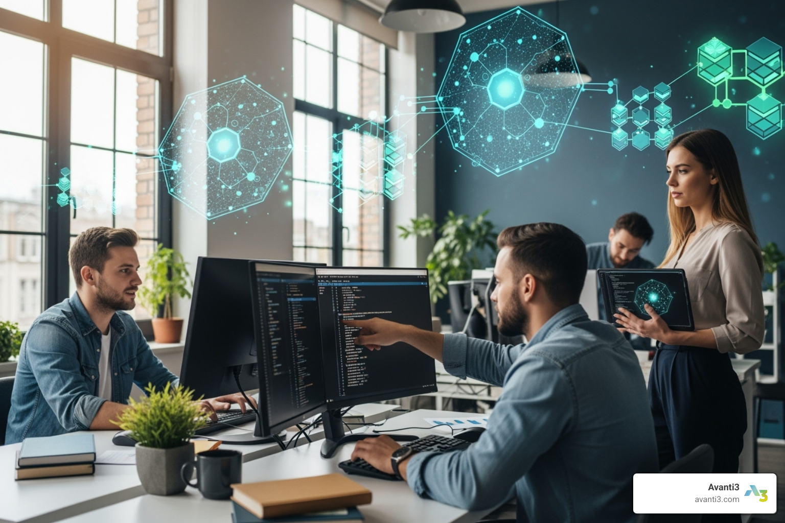 Developers collaborating on code with blockchain diagrams in the background - build an nft marketplace