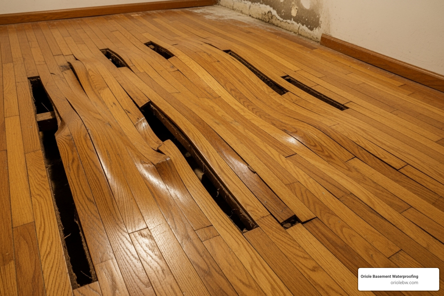 warped hardwood flooring buckled up from moisture coming through a concrete slab - vapor barrier under basement slab