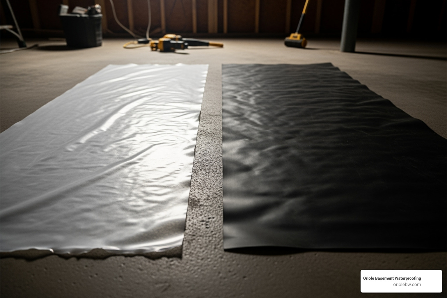 Comparison of a thin, easily torn 6-mil plastic sheet next to a thick, durable 15-mil vapor barrier sheet - vapor barrier under basement slab