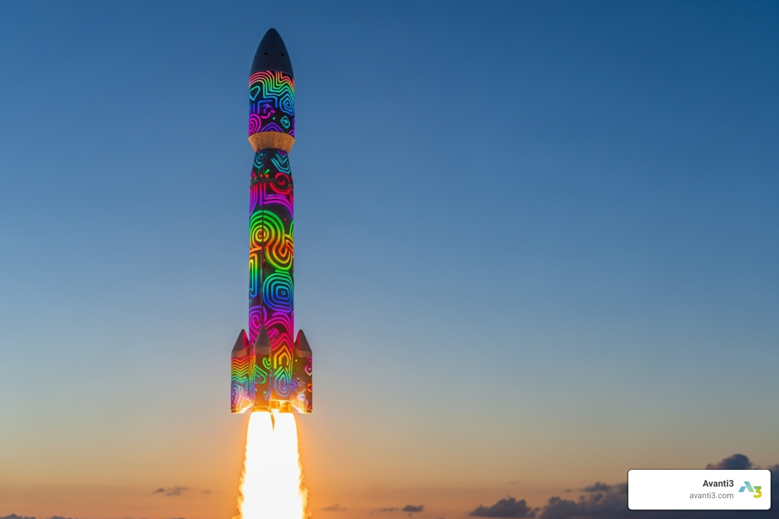 Rocket launching with NFT-style art on it - build an nft marketplace