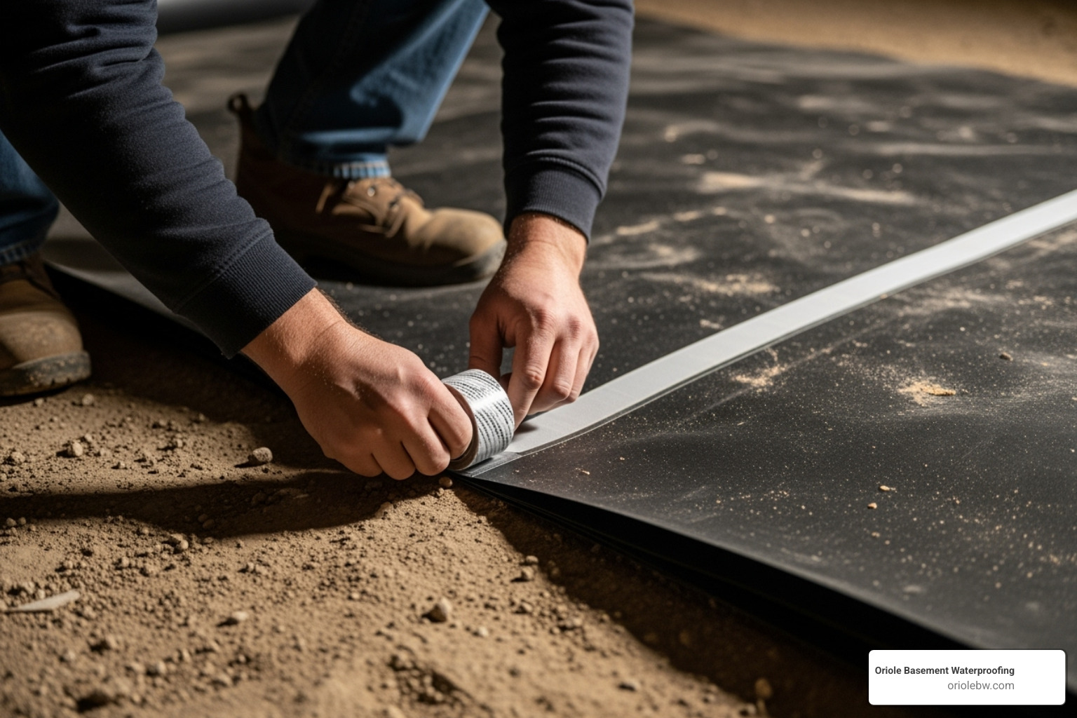 A technician carefully sealing a seam on a vapor barrier with a roll of specialized tape - vapor barrier under basement slab