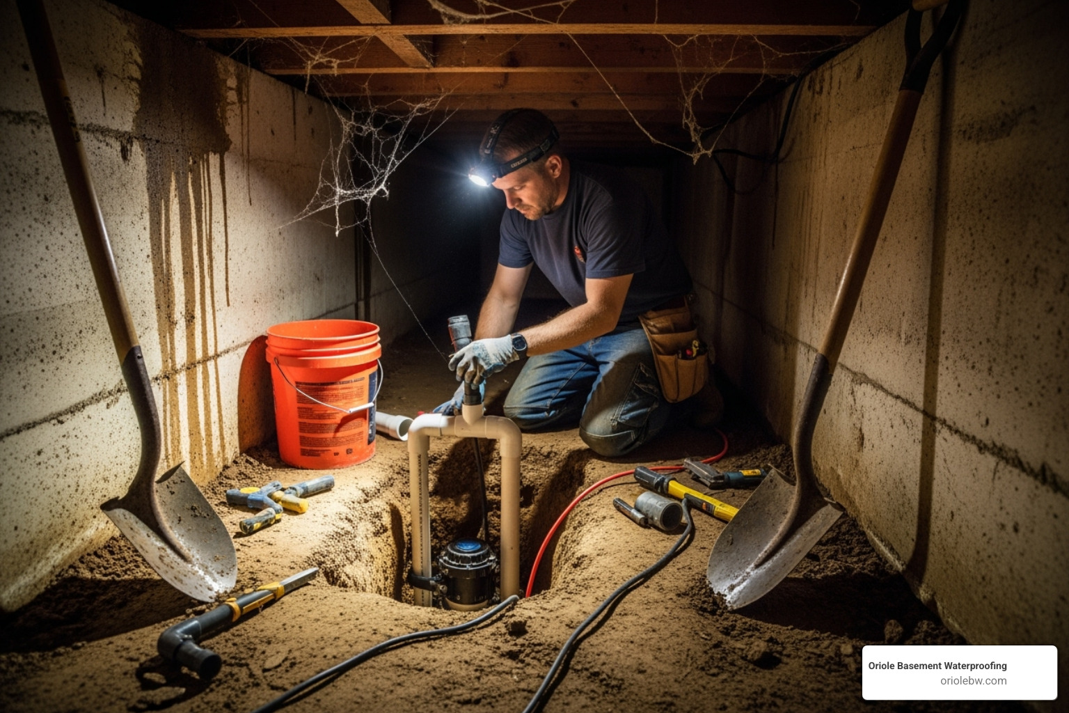 technician working in a tight crawl space to install a sump pump - what is the labor cost to install a sump pump