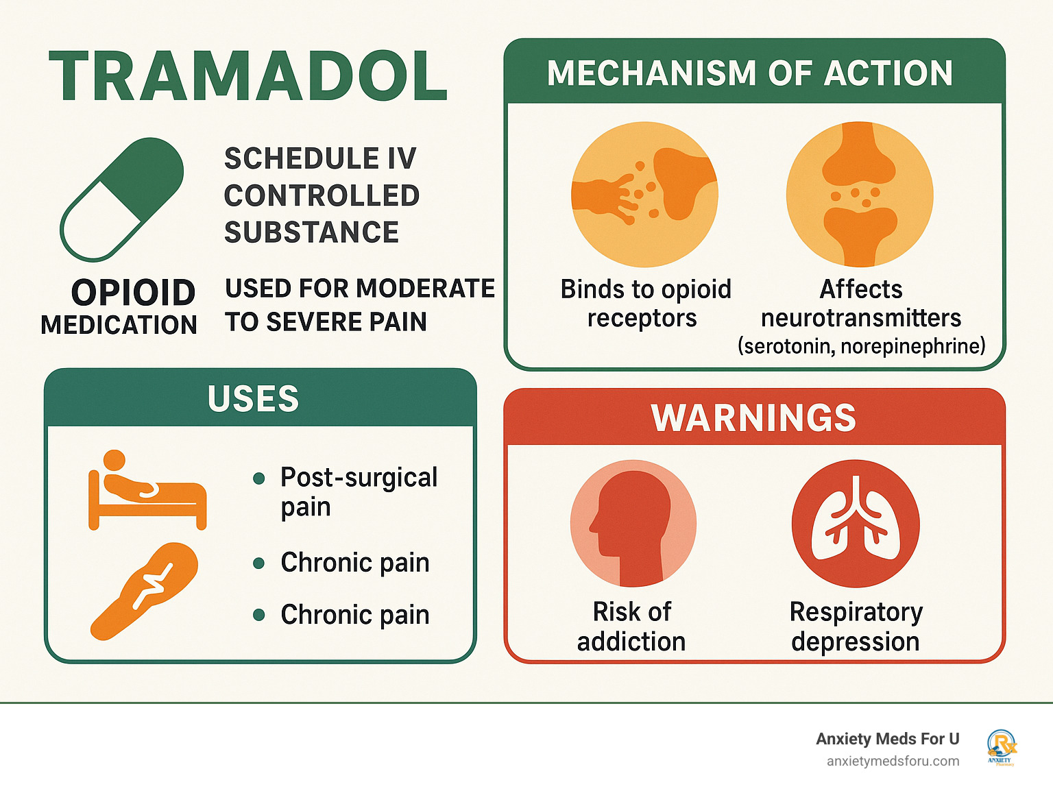 Comprehensive infographic showing tramadol as a Schedule IV controlled opioid medication used for moderate to severe pain, including its dual mechanism of action on opioid receptors and neurotransmitters, common medical applications like post-surgical and chronic pain management, and key safety warnings about addiction risk and respiratory depression - what is tramadol used for infographic 