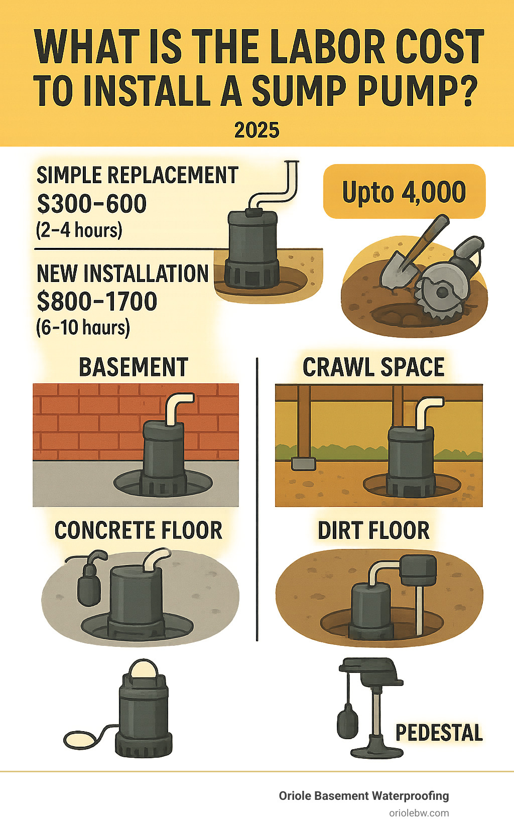 Detailed infographic showing sump pump installation labor cost breakdown: Simple replacement $300-600 (2-4 hours), New installation $800-1700 (6-10 hours), Complex projects up to $4000, with visual representations of basement vs crawl space installations, concrete vs dirt floors, and pump types - what is the labor cost to install a sump pump infographic 