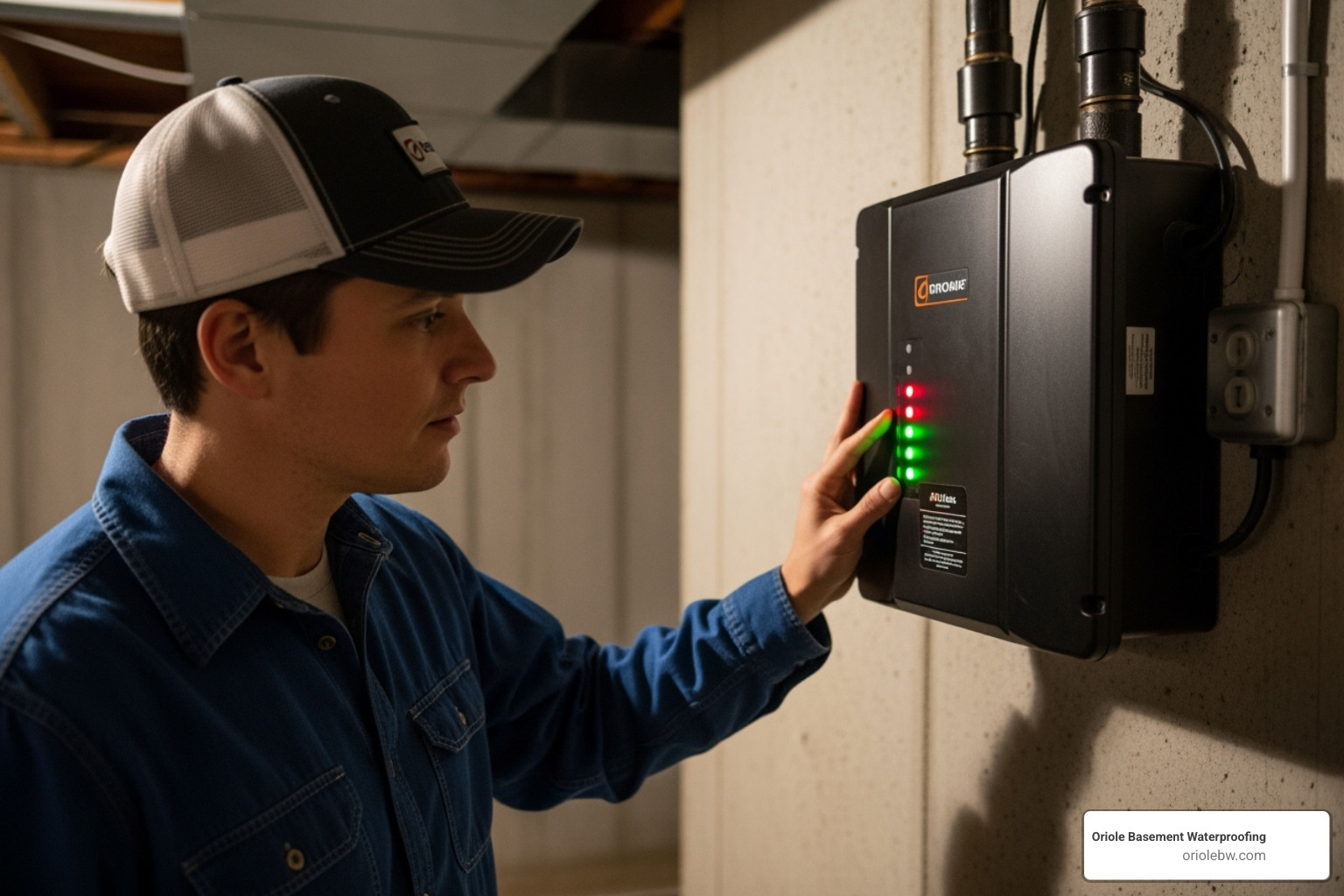 homeowner checking indicator lights on battery backup unit - add battery to existing sump pump