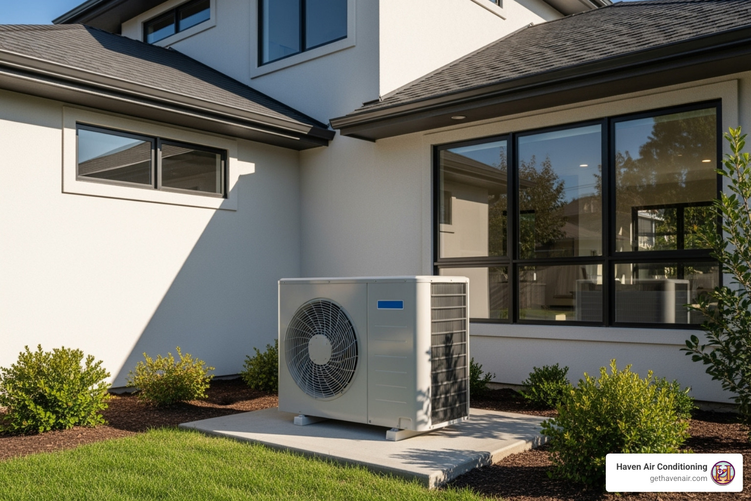 Sleek, modern outdoor AC unit next to a home - HVAC system upgrade Sleek, modern outdoor AC unit next to a home - HVAC system upgrade