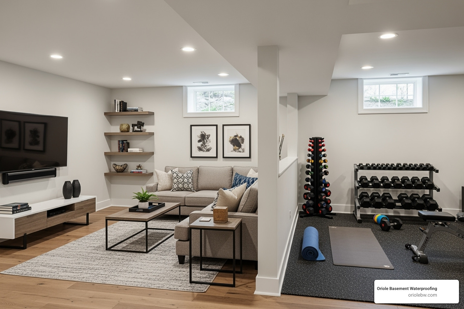 Image of a finished, dry, usable basement space being used as a family room or home gym - basement waterproofing companies baltimore Image of a finished, dry, usable basement space being used as a family room or home gym - basement waterproofing companies baltimore