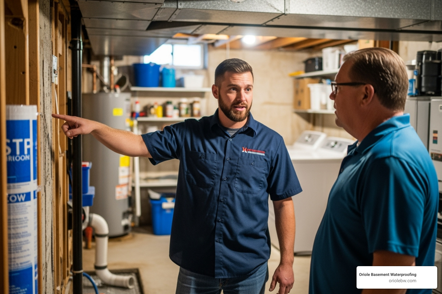 Image of a friendly Oriole Basement Waterproofing technician in a branded shirt talking to a homeowner in a basement - basement waterproofing companies baltimore Image of a friendly Oriole Basement Waterproofing technician in a branded shirt talking to a homeowner in a basement - basement waterproofing companies baltimore