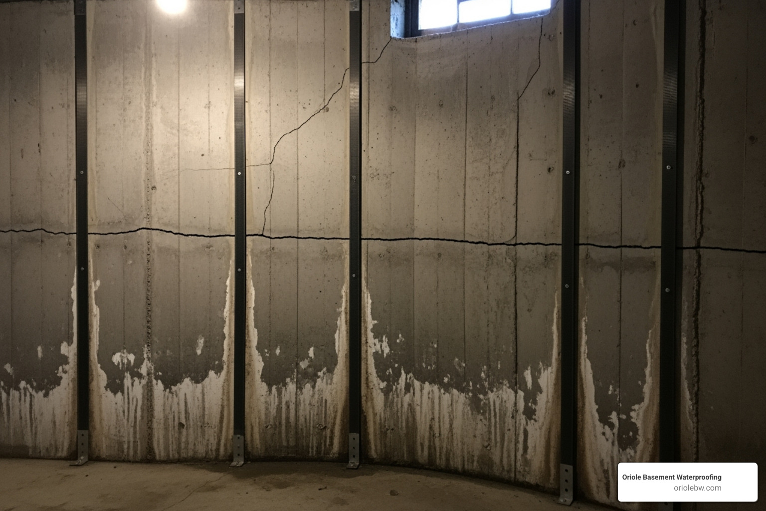 Image of a bowing basement wall reinforced with carbon fiber straps - basement waterproofing companies baltimore Image of a bowing basement wall reinforced with carbon fiber straps - basement waterproofing companies baltimore