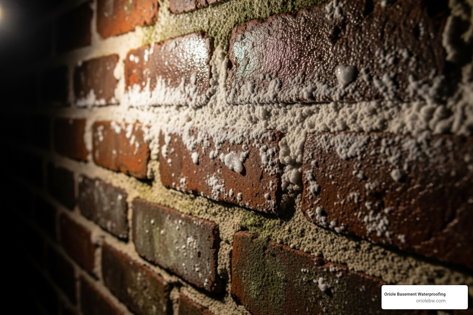 Image of white, powdery efflorescence on a basement brick wall - basement waterproofing baltimore md