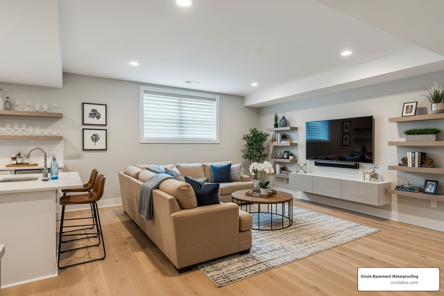 Image of a clean, dry, and finished basement space - basement waterproofing baltimore md