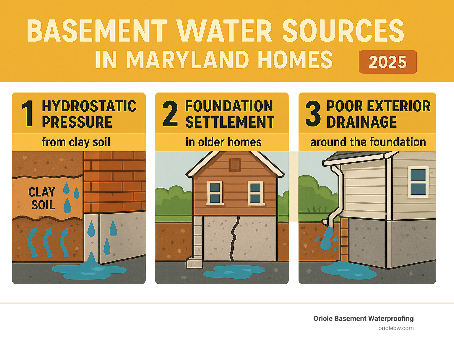 Infographic explaining the top 3 sources of basement water in Maryland homes: hydrostatic pressure from clay soil, foundation settlement in older homes, and poor exterior drainage around the foundation - basement waterproofing baltimore md infographic 