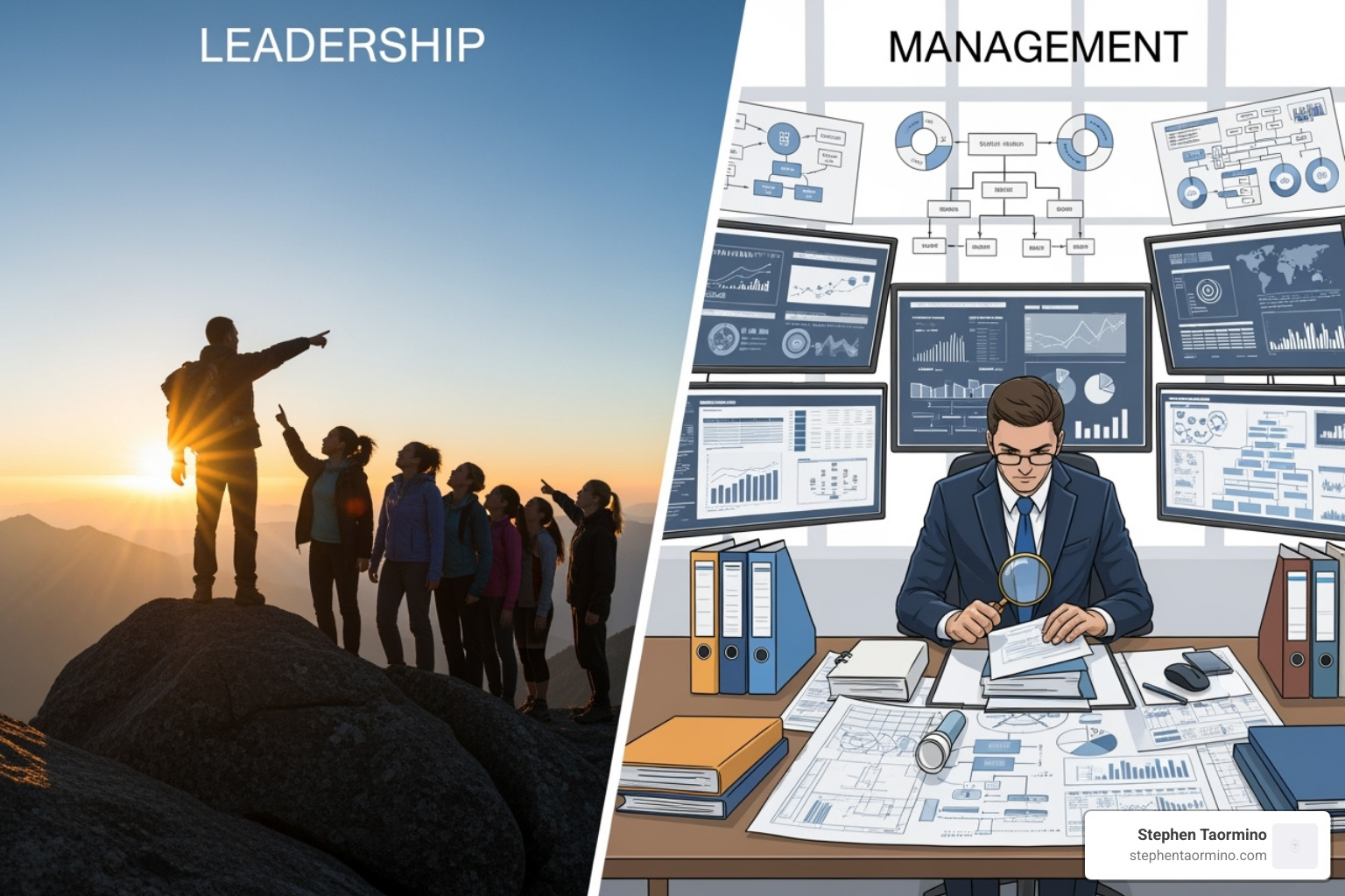 INFOGRAPHIC explaining the core differences between a leader and a manager, highlighting vision vs. execution and inspiration vs. administration - leadership for business growth