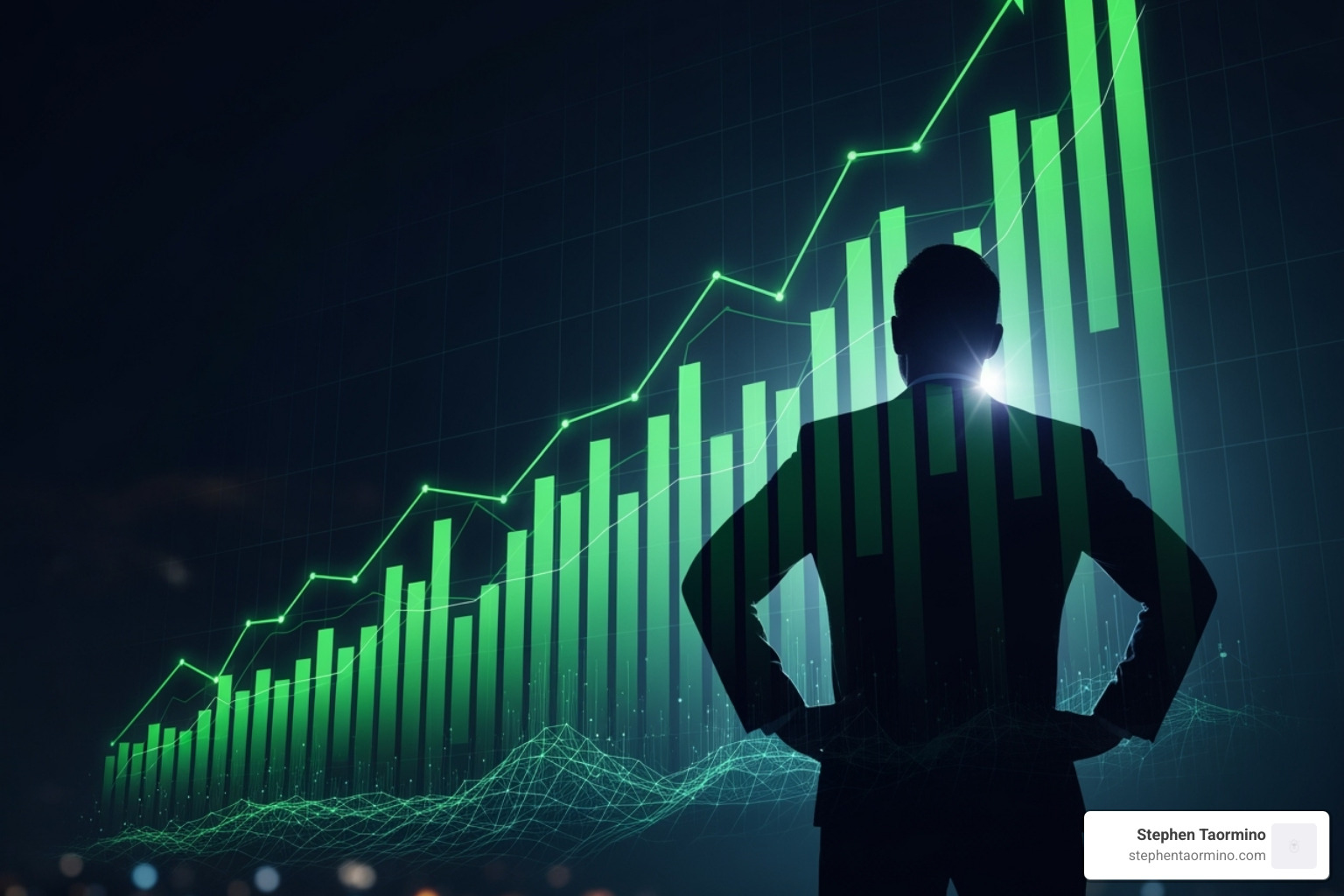 IMAGE of a rising stock chart with a silhouette of a leader at the forefront - leadership for business growth