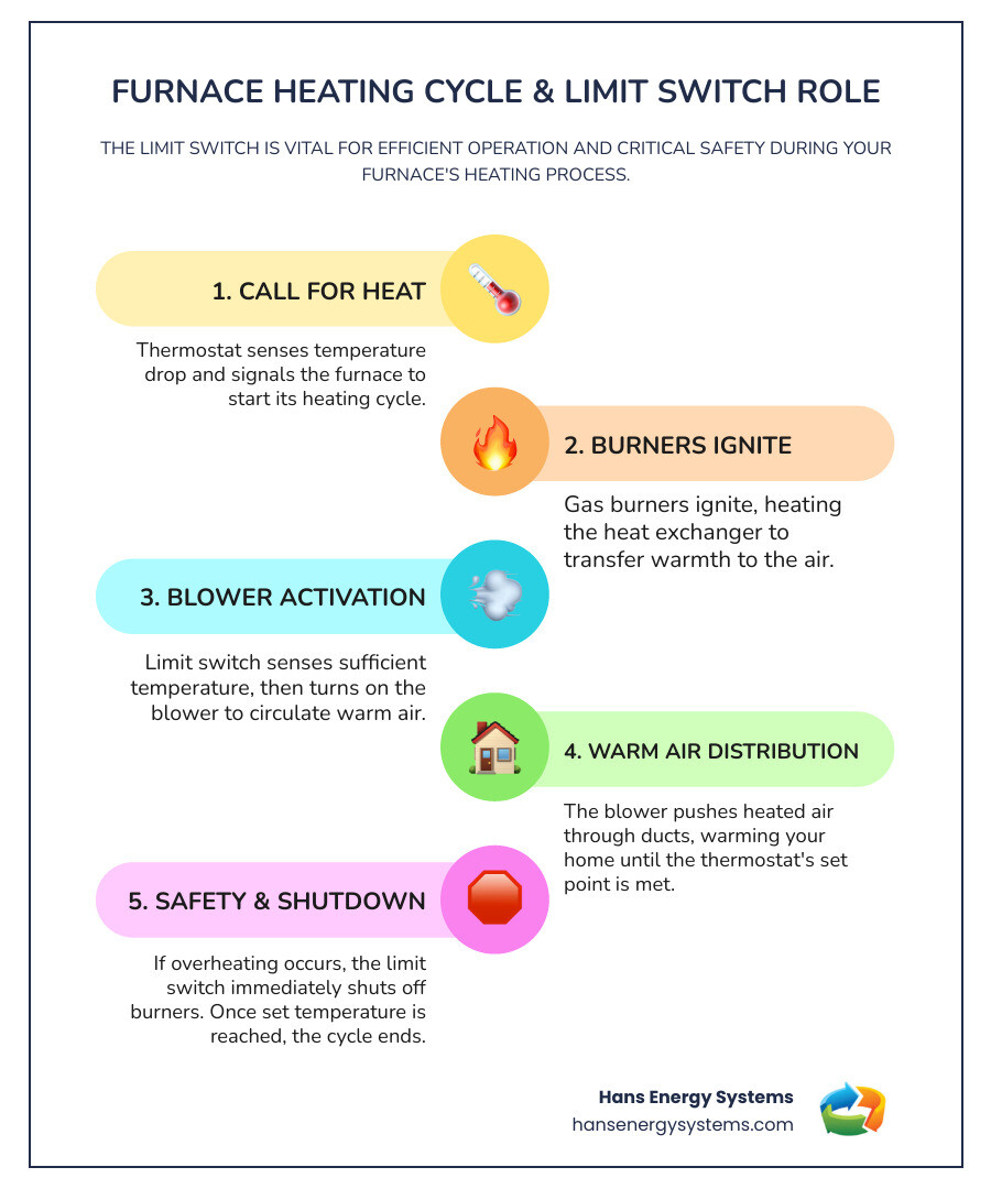 Detailed infographic showing furnace heating cycle with limit switch controlling blower fan activation at specific temperatures, safety shutdown sequence when overheating occurs, and common temperature settings for fan on/off and safety limits - Furnace limit switch infographic infographic-line-5-steps-colors