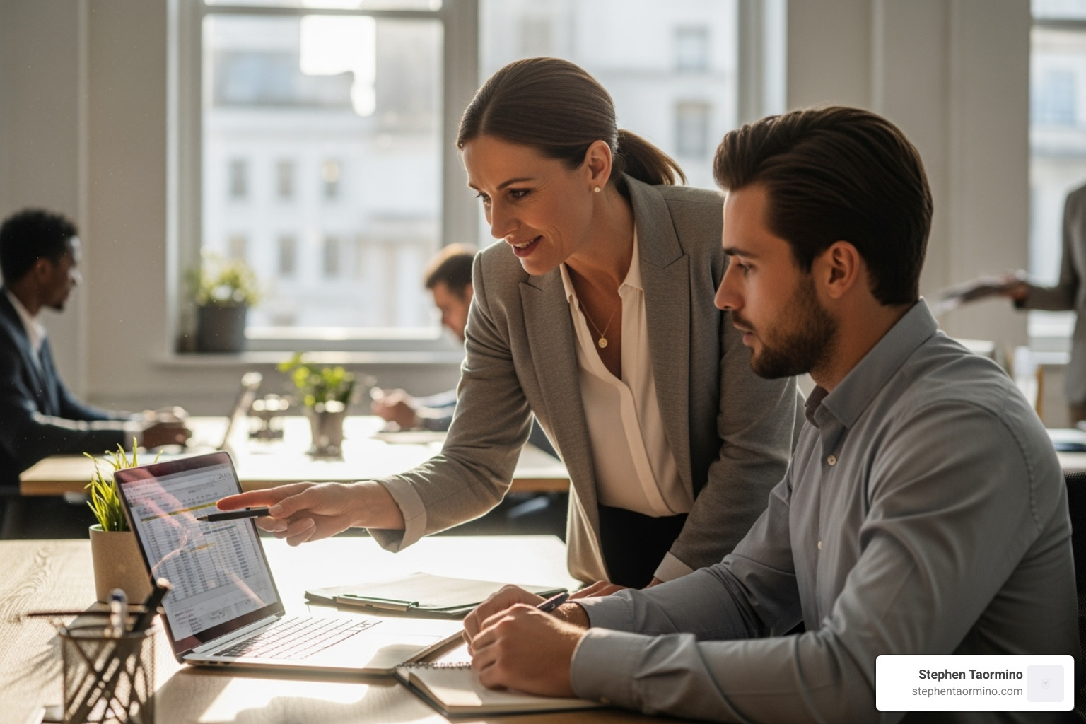 IMAGE of a leader mentoring a team member, showing guidance and support - leadership for business growth