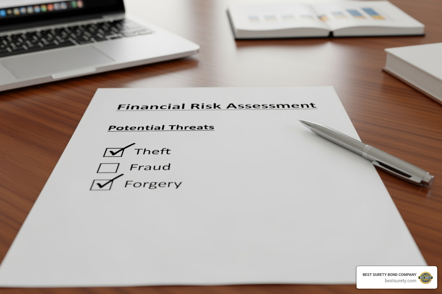 A checklist showing covered items like "Theft," "Fraud," and "Forgery" - employee dishonesty bond