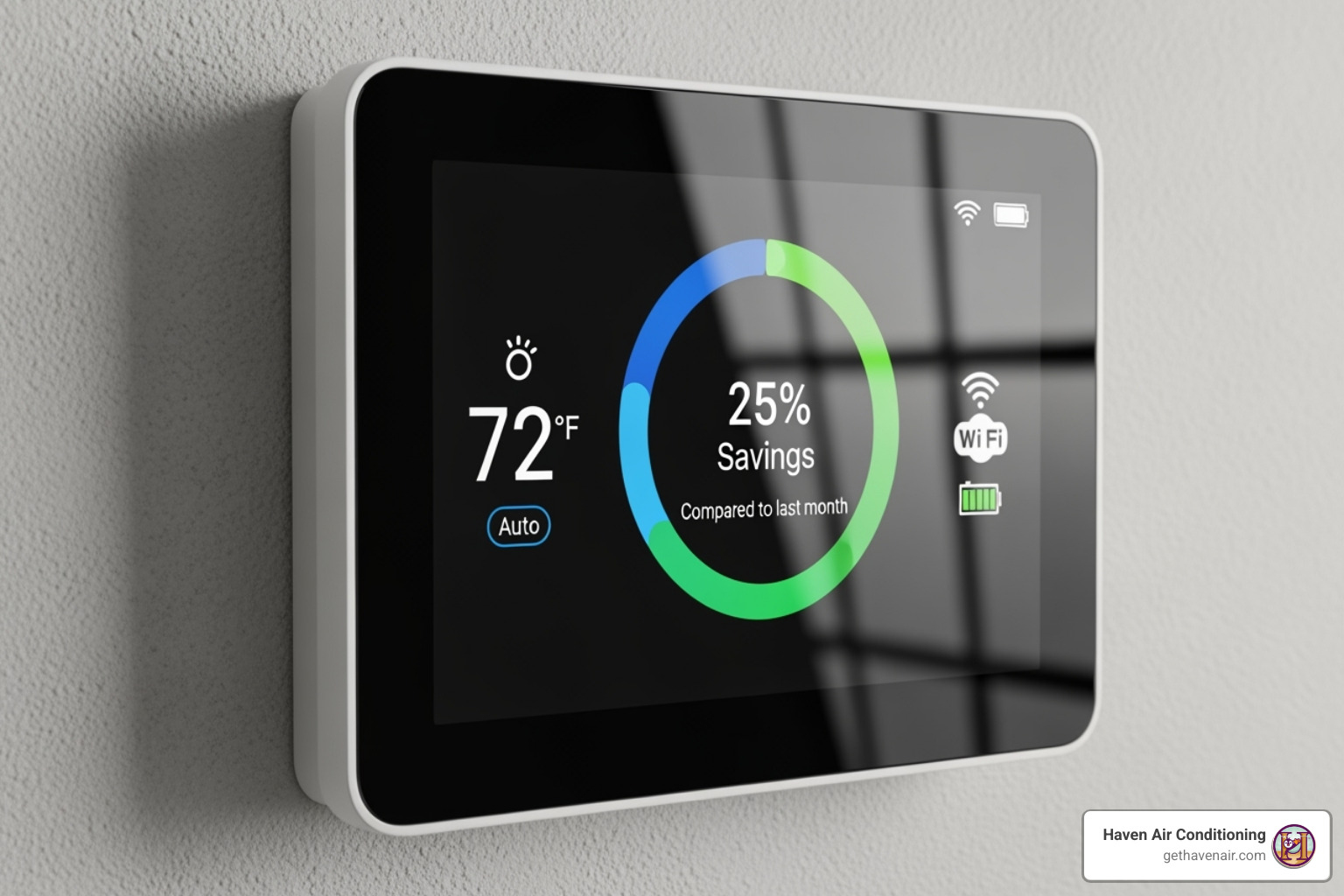 Smart thermostat displaying energy savings - HVAC system upgrade Smart thermostat displaying energy savings - HVAC system upgrade