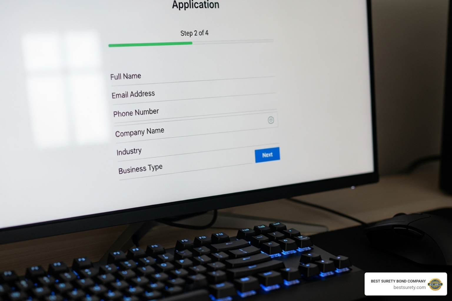 A computer screen showing an online bond application form - employee dishonesty bond