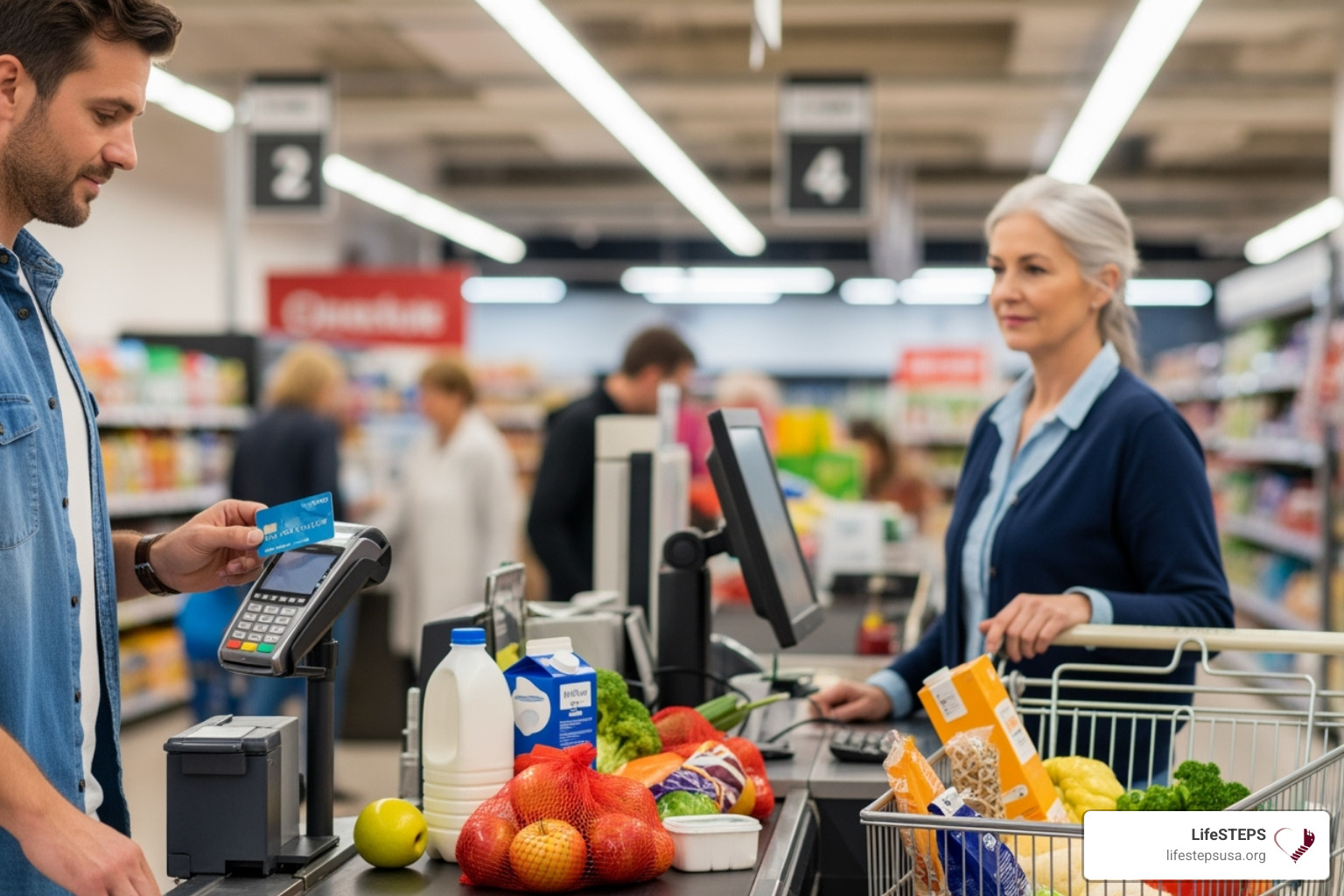 Grocery store checkout showing an EBT transaction - apply for food stamps