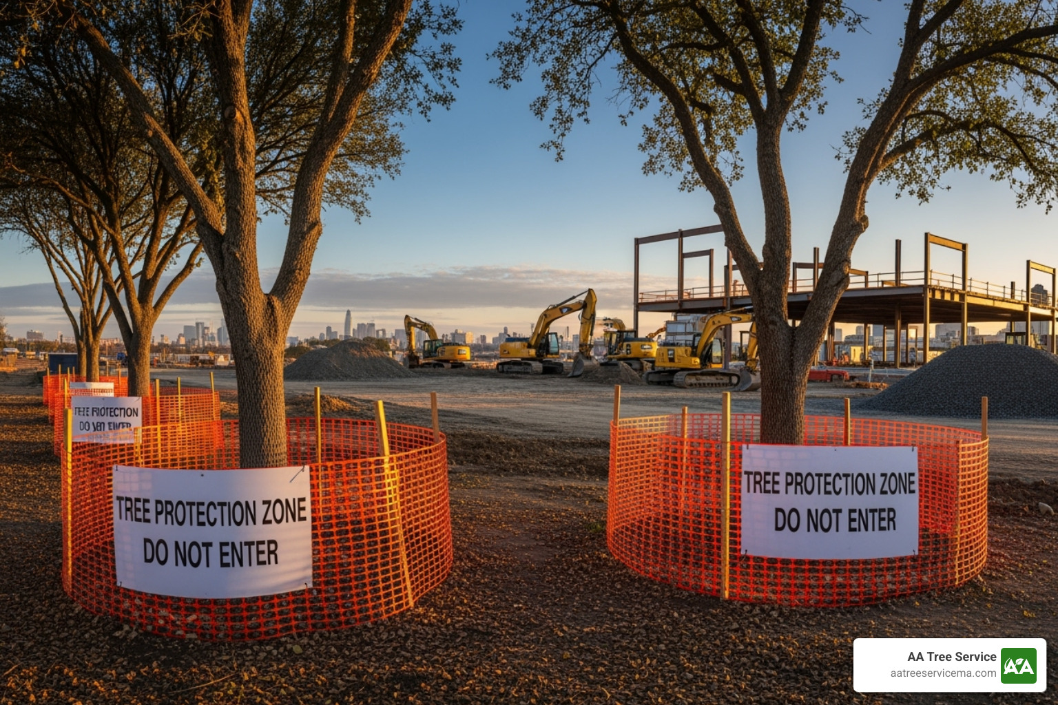 Construction site with clearly marked tree protection zones - Commercial tree services Construction site with clearly marked tree protection zones - Commercial tree services