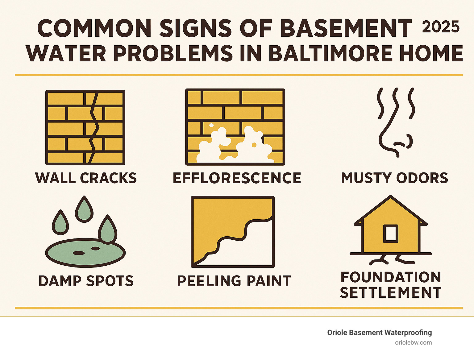 Infographic showing common signs of basement water problems in Baltimore homes including wall cracks, efflorescence, musty odors, damp spots, peeling paint, and foundation settlement - basement waterproofing companies baltimore infographic Infographic showing common signs of basement water problems in Baltimore homes including wall cracks, efflorescence, musty odors, damp spots, peeling paint, and foundation settlement - basement waterproofing companies baltimore infographic