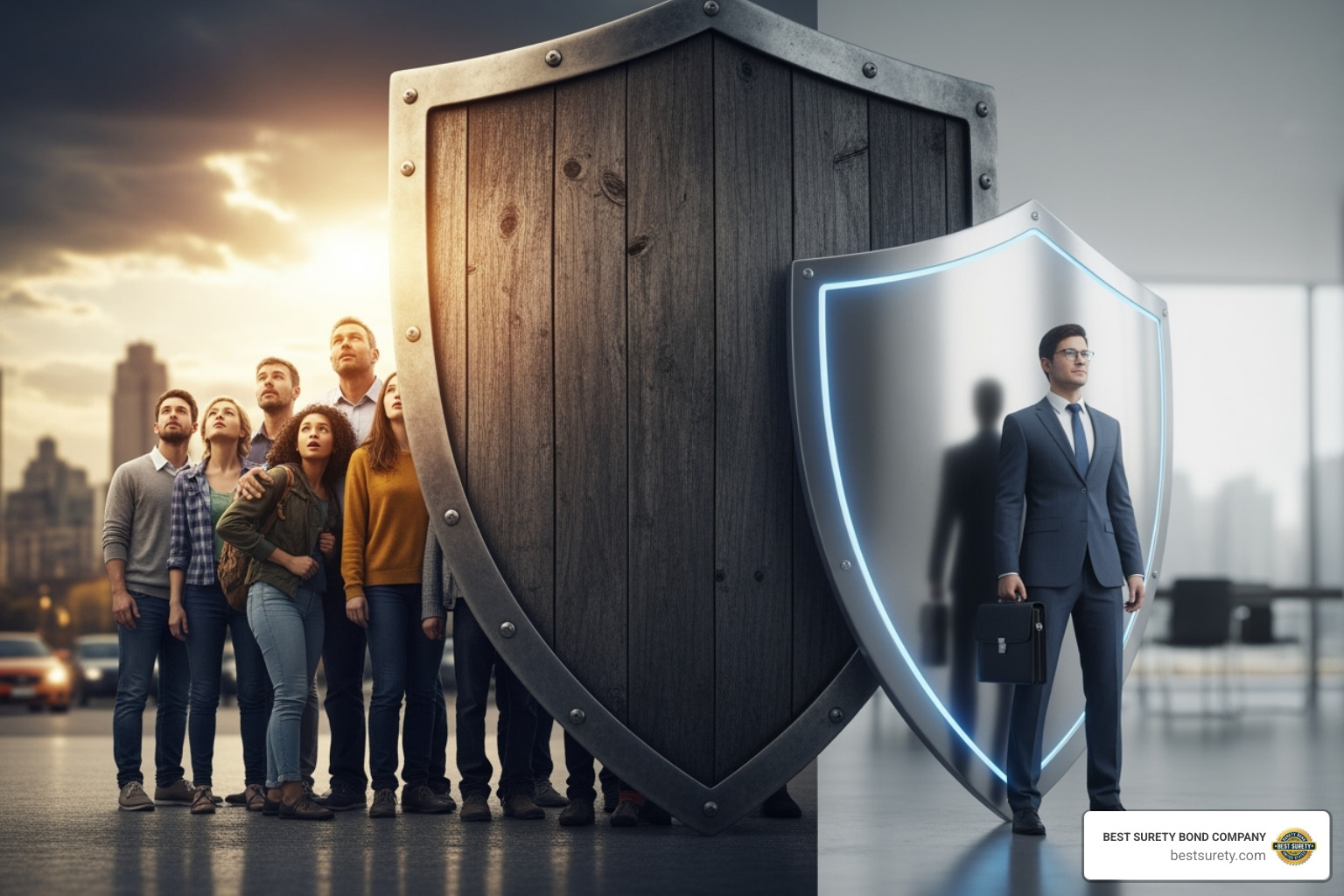Image showing a shield protecting the public labeled "Surety Bond" and another shield protecting a notary labeled "E&O Insurance" - notary surety bond texas