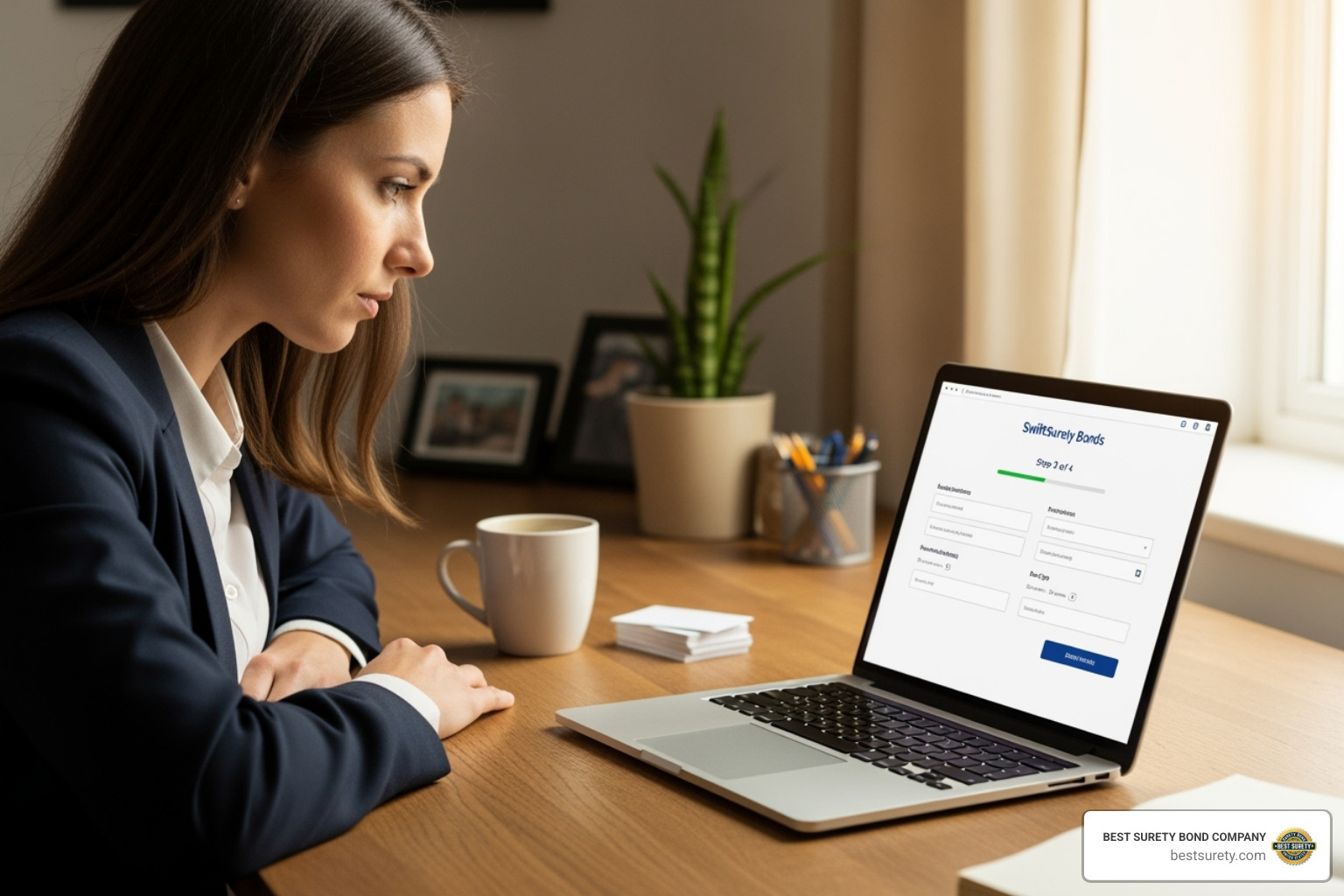 Person applying for a bond online with a laptop - 10000 surety bond texas