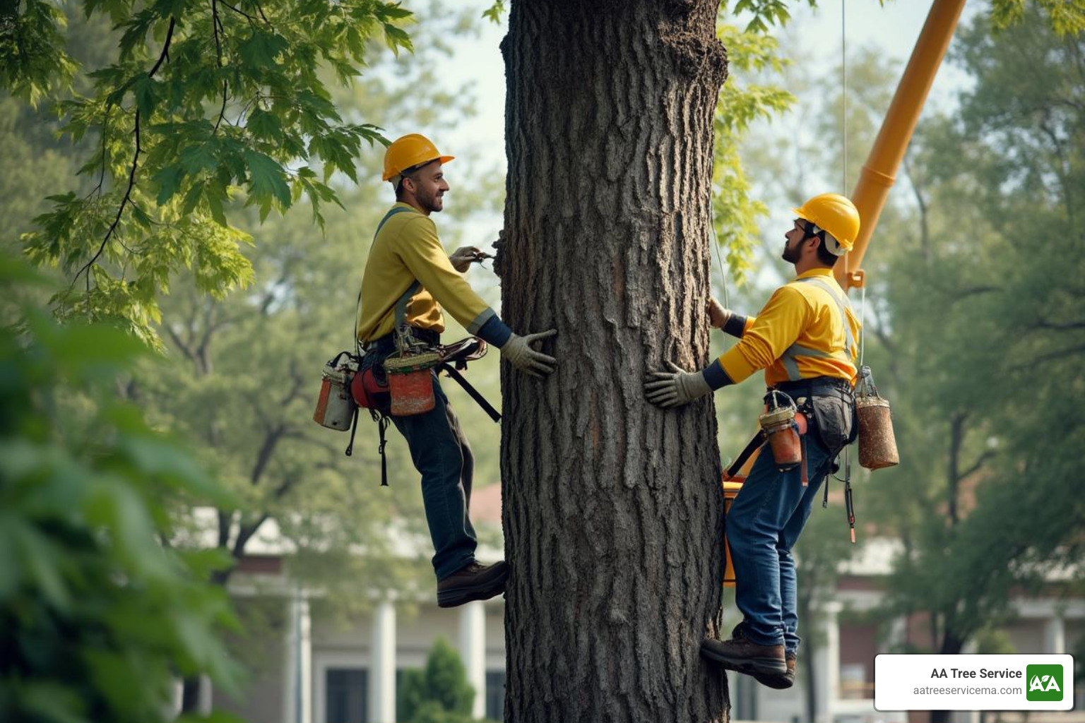 Professional tree service crew working on a large tree at an office park - Commercial tree services Professional tree service crew working on a large tree at an office park - Commercial tree services