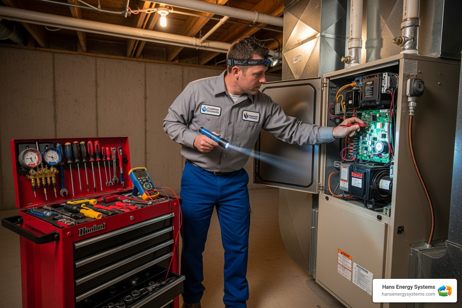 A professional HVAC technician inspecting a furnace - Furnace limit switch