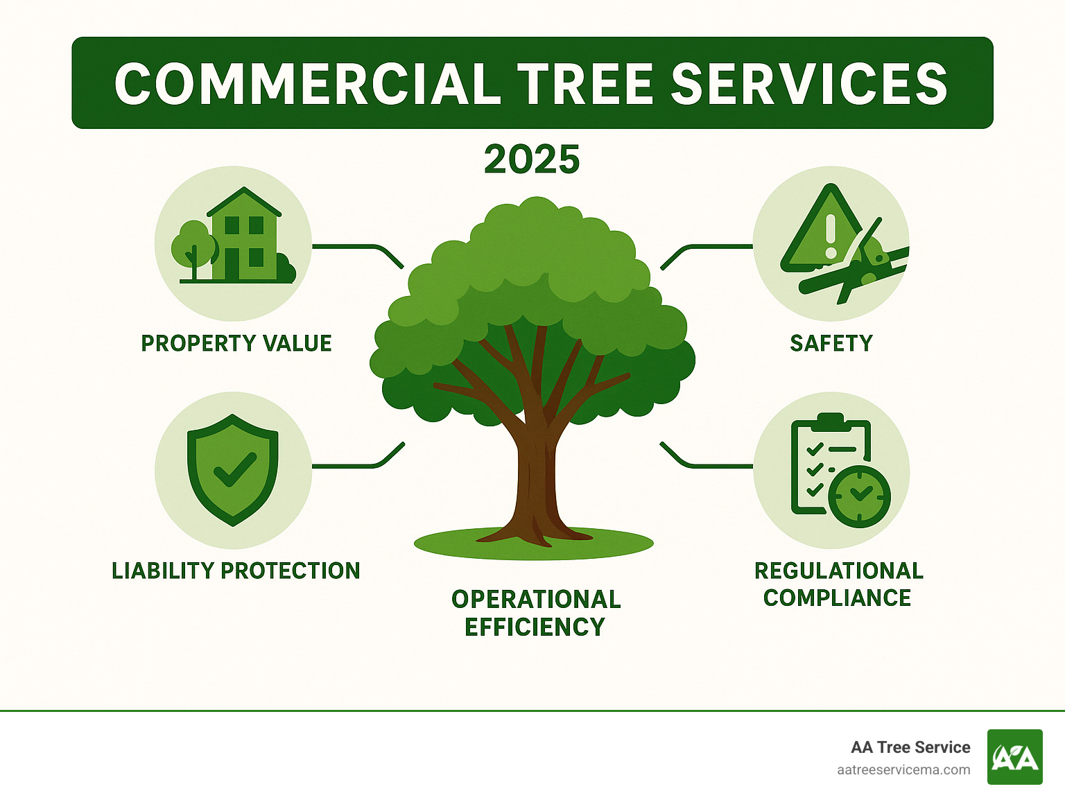 Infographic showing the comprehensive benefits of commercial tree services including increased property value through improved curb appeal, improved safety through hazardous tree removal and storm damage prevention, liability protection through professional risk assessment, operational efficiency through scheduled maintenance programs, and regulatory compliance through permit assistance and municipal bylaw adherence - Commercial tree services infographic Infographic showing the comprehensive benefits of commercial tree services including increased property value through improved curb appeal, improved safety through hazardous tree removal and storm damage prevention, liability protection through professional risk assessment, operational efficiency through scheduled maintenance programs, and regulatory compliance through permit assistance and municipal bylaw adherence - Commercial tree services infographic
