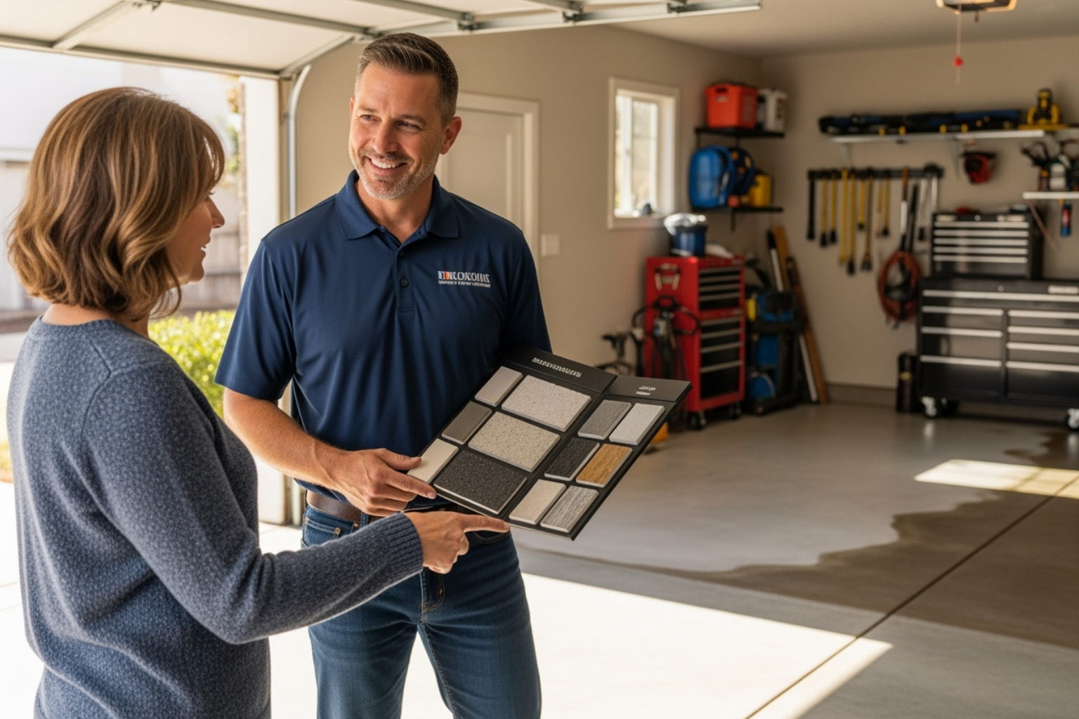 friendly Galaxy team member consulting with a homeowner - Galaxy Concrete Coatings Cincinnati Reviews friendly Galaxy team member consulting with a homeowner - Galaxy Concrete Coatings Cincinnati Reviews