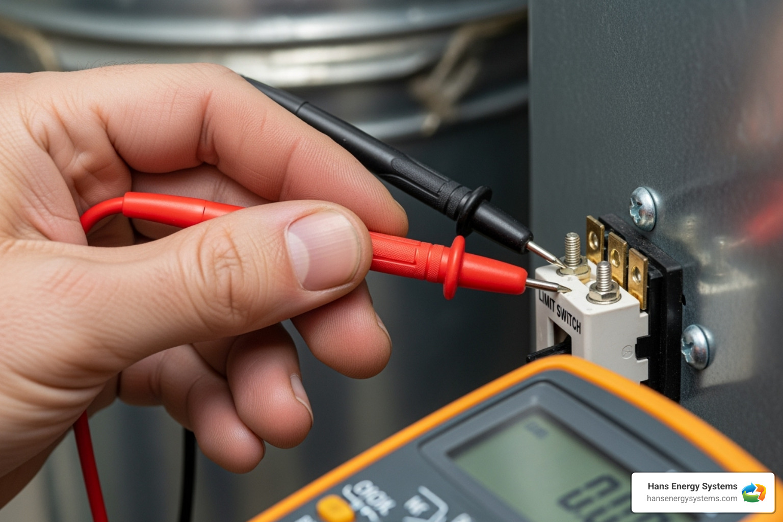 A multimeter being used to test a limit switch - Furnace limit switch