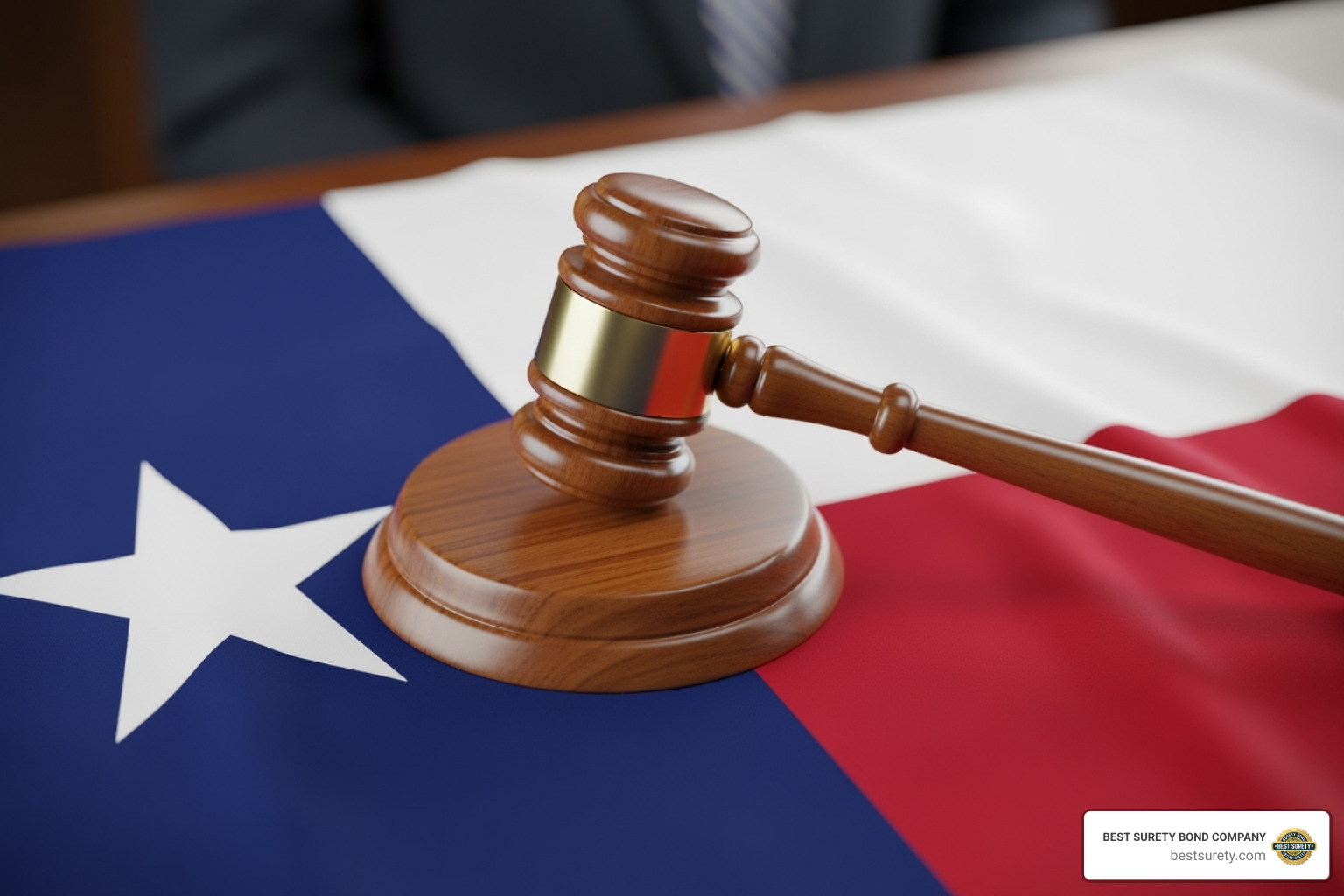 a courtroom gavel resting on a Texas state flag - Replevin bond Texas