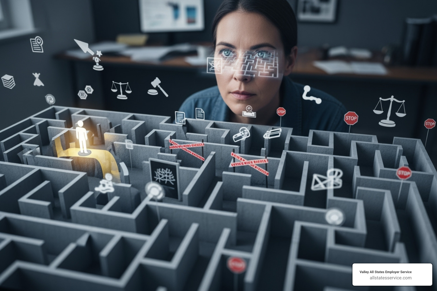 Image of a person navigating a maze on a computer screen, representing complex regulations - Compliance management system