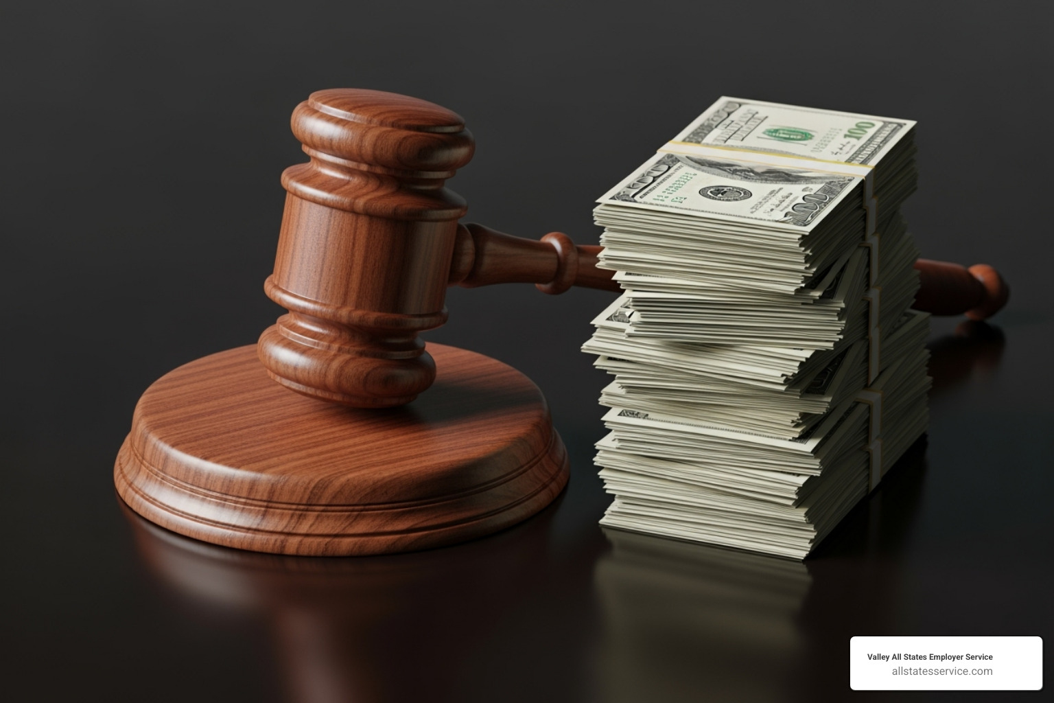 Gavel next to a stack of money, symbolizing legal fines - I-9 compliance penalties