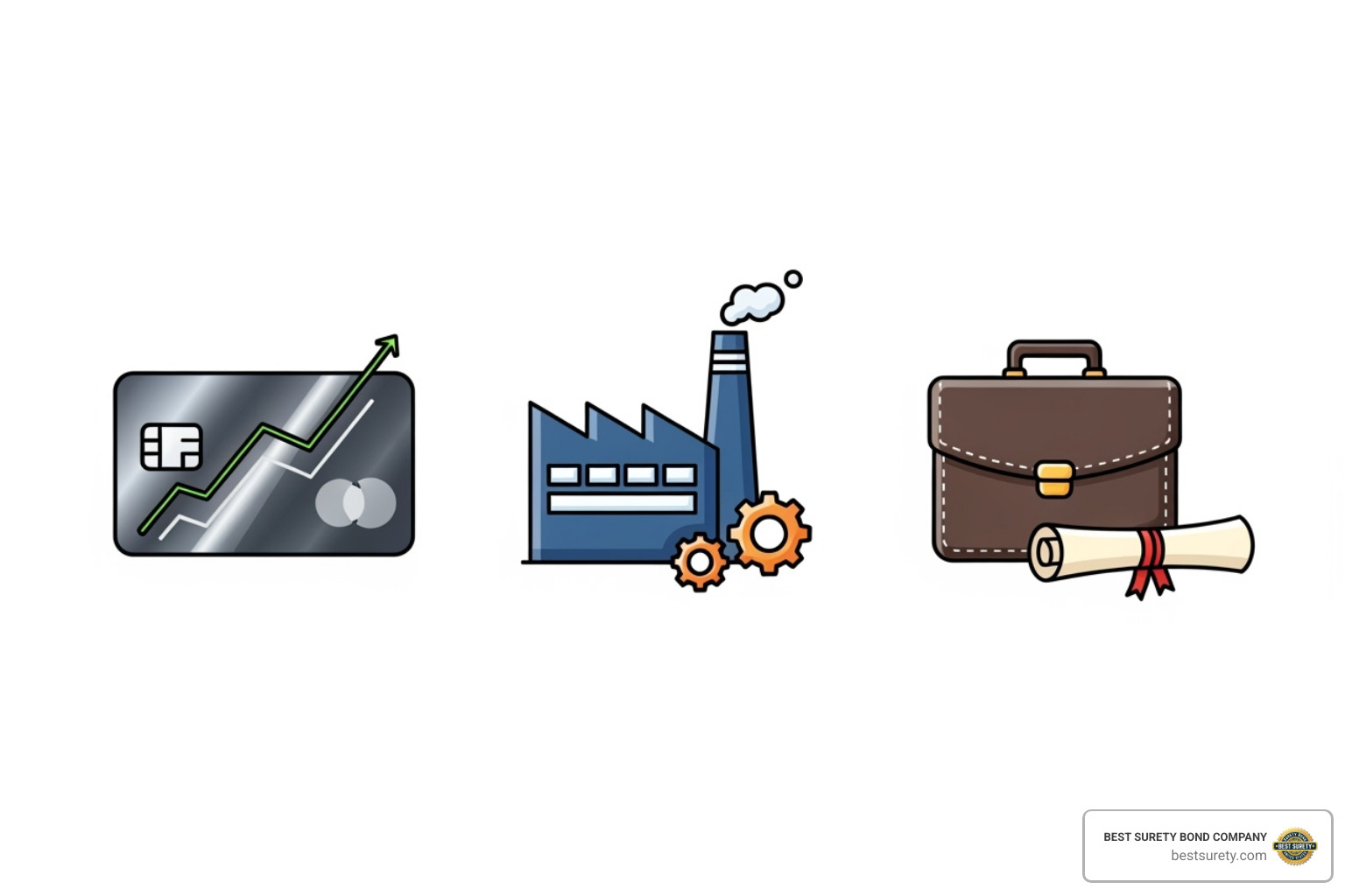 icons representing key factors: credit score, a factory (industry), a briefcase (experience) - how much does it cost to get bonded and insured
