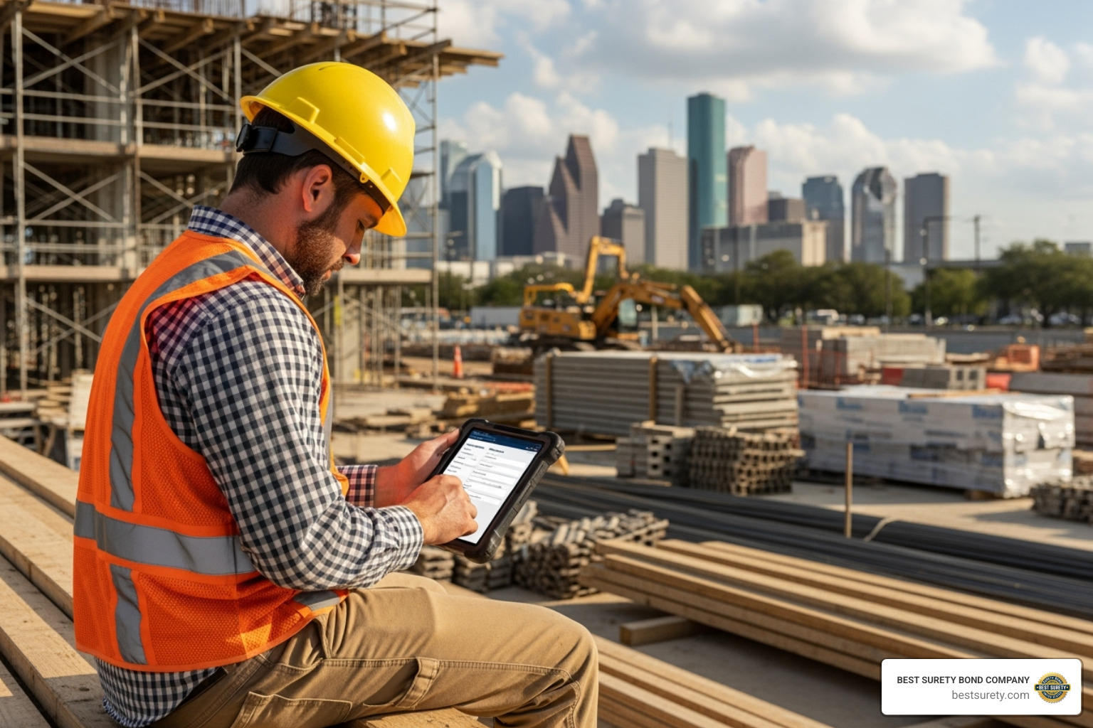 contractor filling out an online bond application on a tablet at a Houston job site - texas payment and performance bond