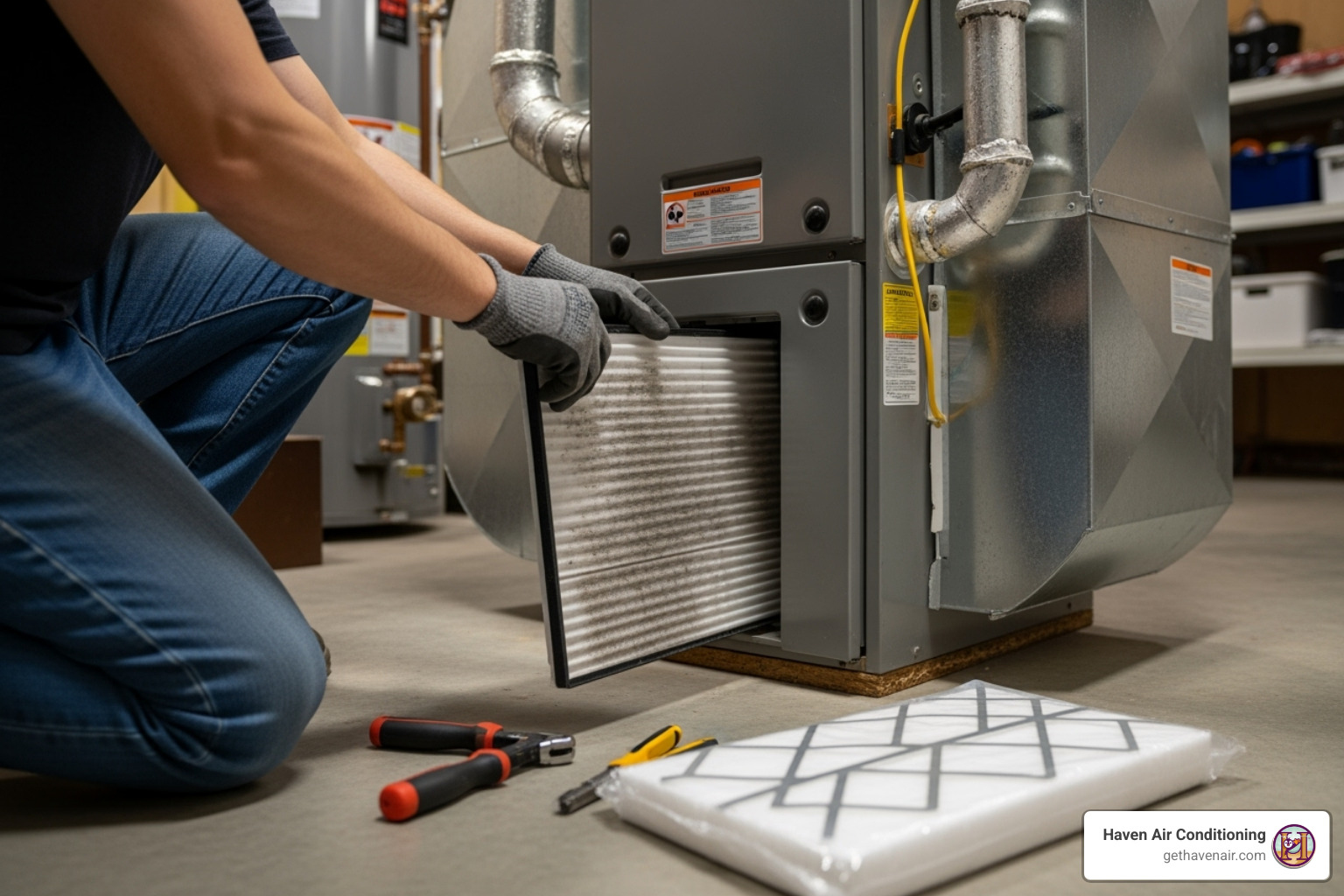 person changing a furnace air filter - heater repair Ontario