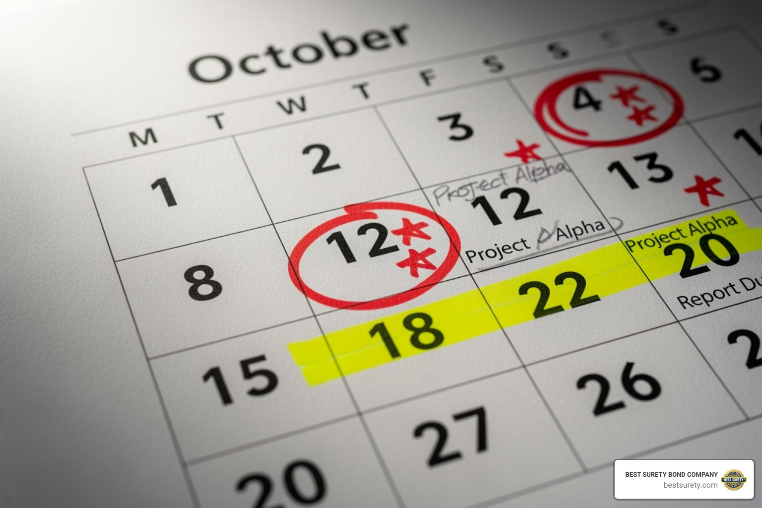 calendar with Texas notice deadlines circled - texas payment and performance bond