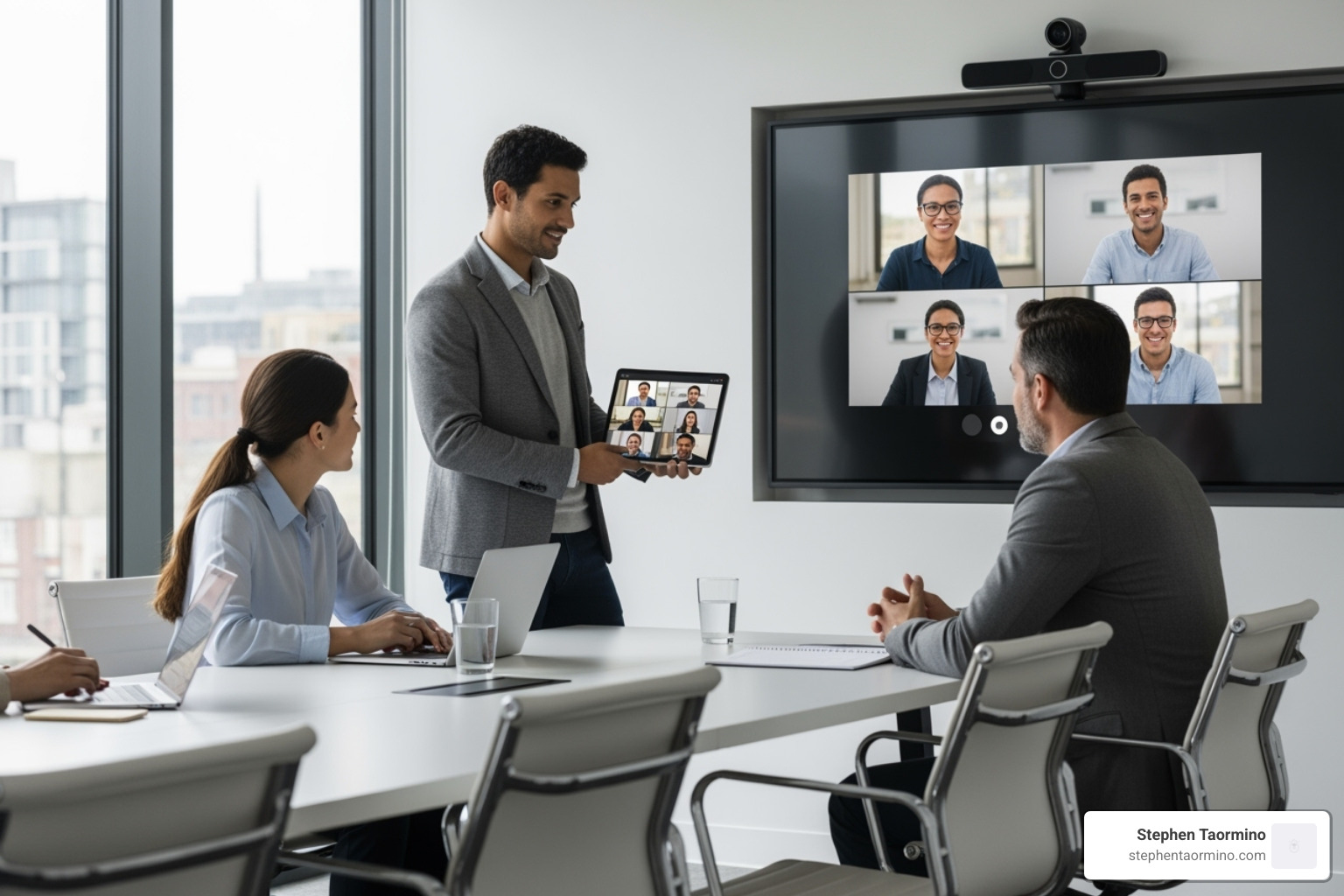 leader using a tablet to manage a hybrid team meeting - leadership development consulting