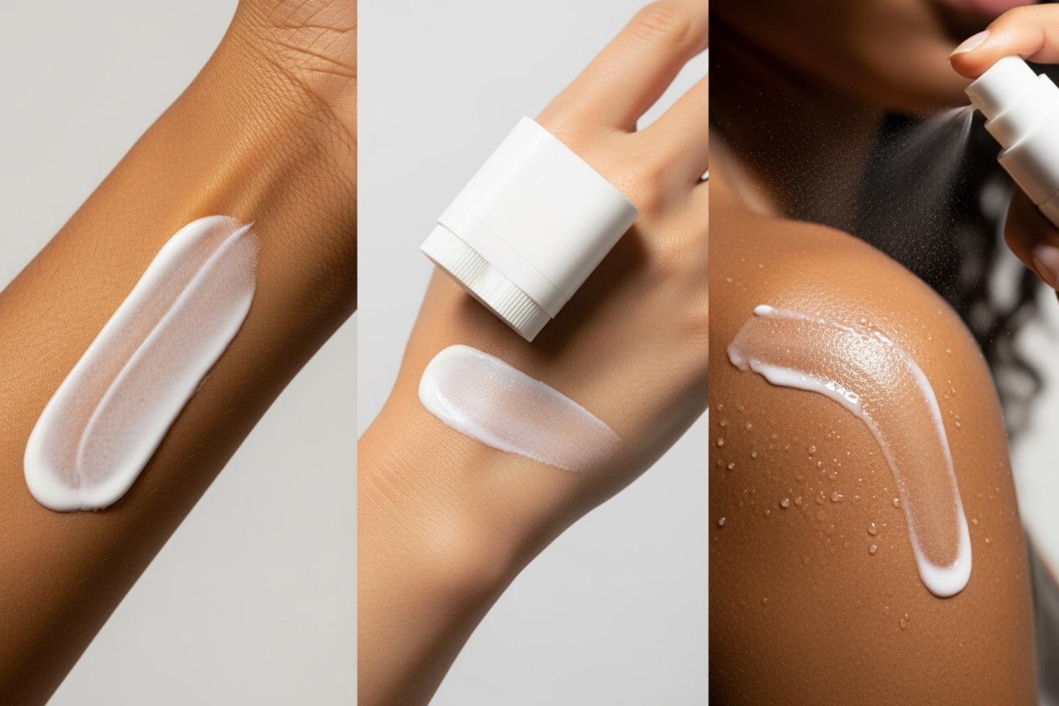Image of different sunscreen textures (lotion, stick, spray) on various skin tones - Importance of sunscreen