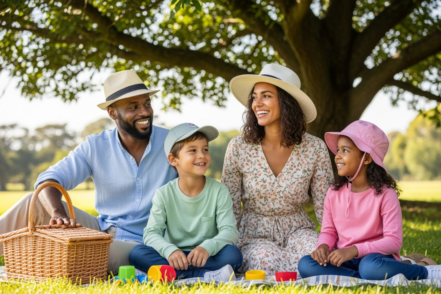 Image of a family enjoying a day in the shade wearing hats and protective clothing - Importance of sunscreen