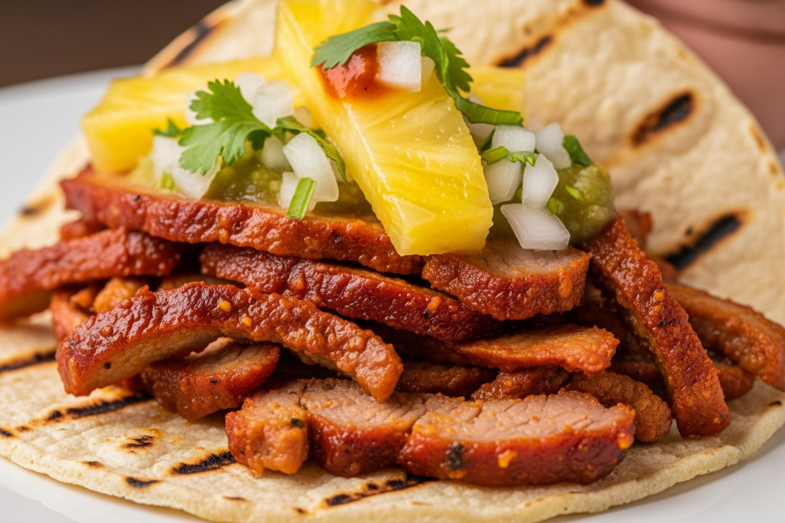 a close-up of a perfectly prepared taco al pastor with pineapple - Street food in Mexico
