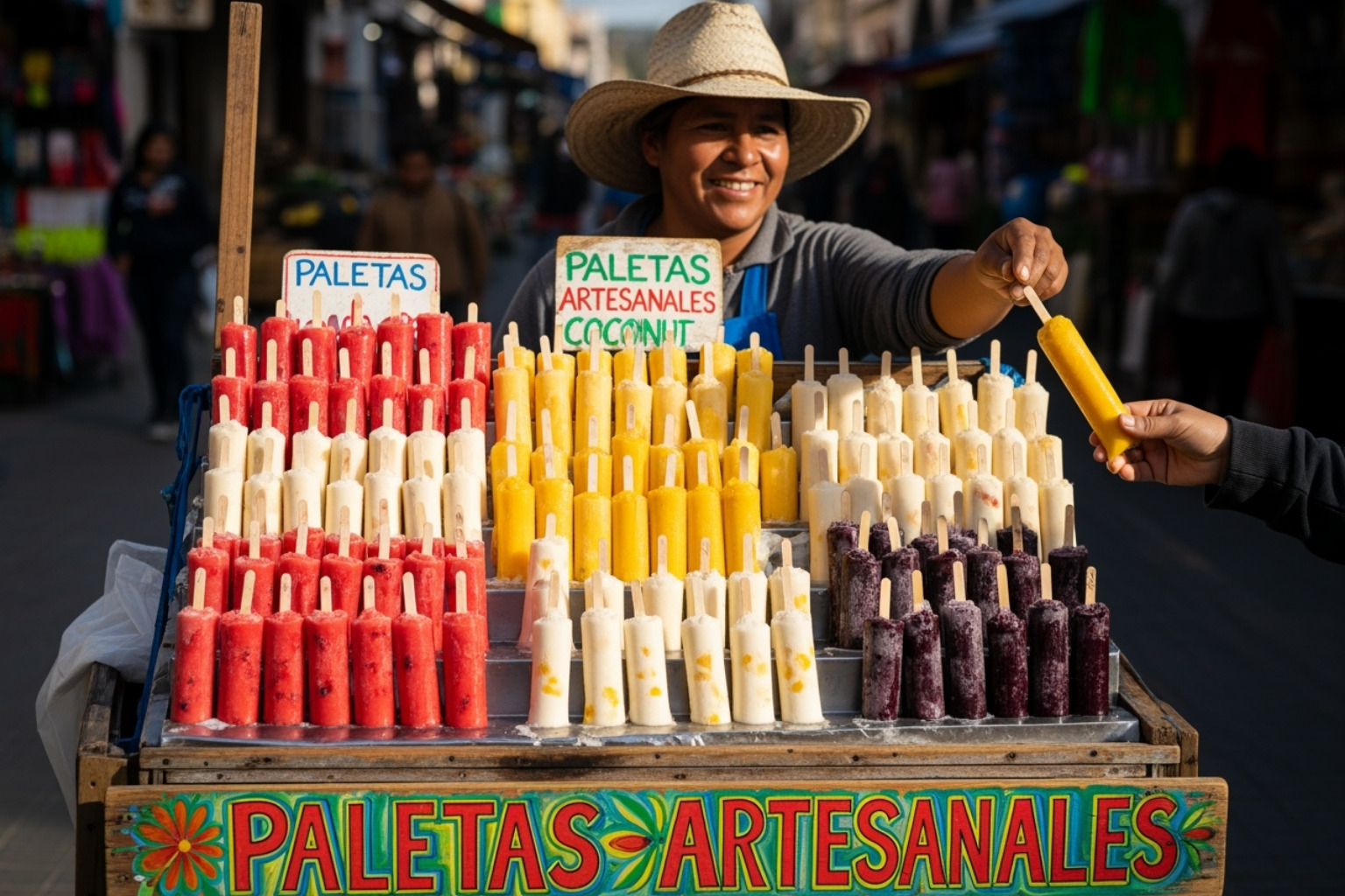 a vendor selling colorful paletas - Street food in Mexico