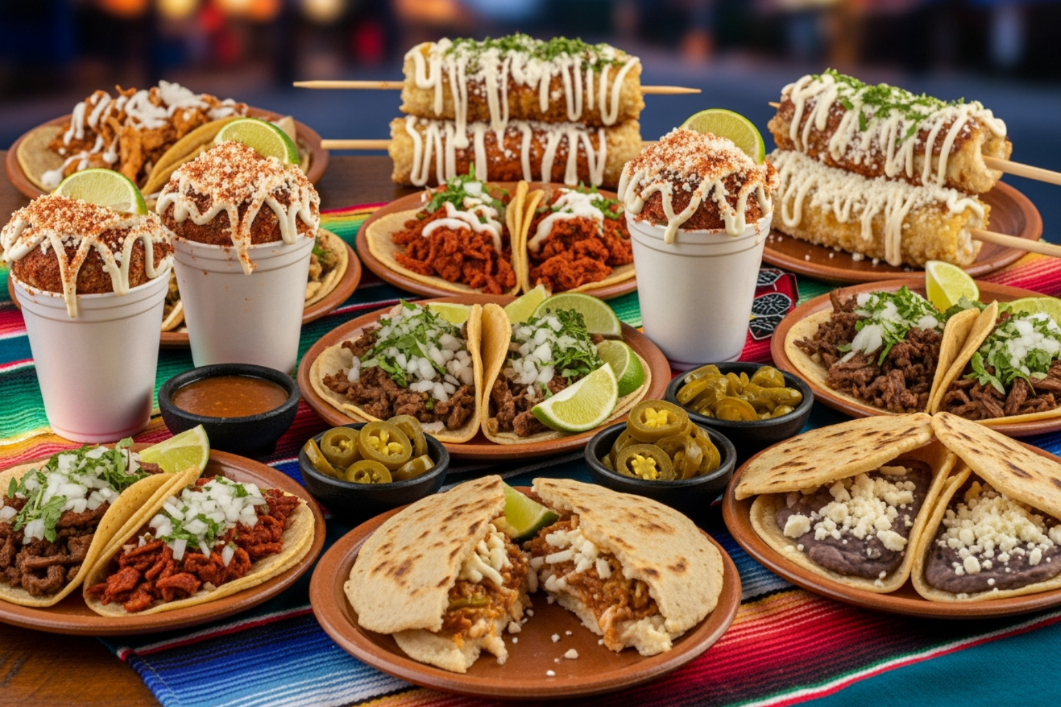 a colorful spread of various street food dishes like tacos, elotes, and gorditas - Street food in Mexico