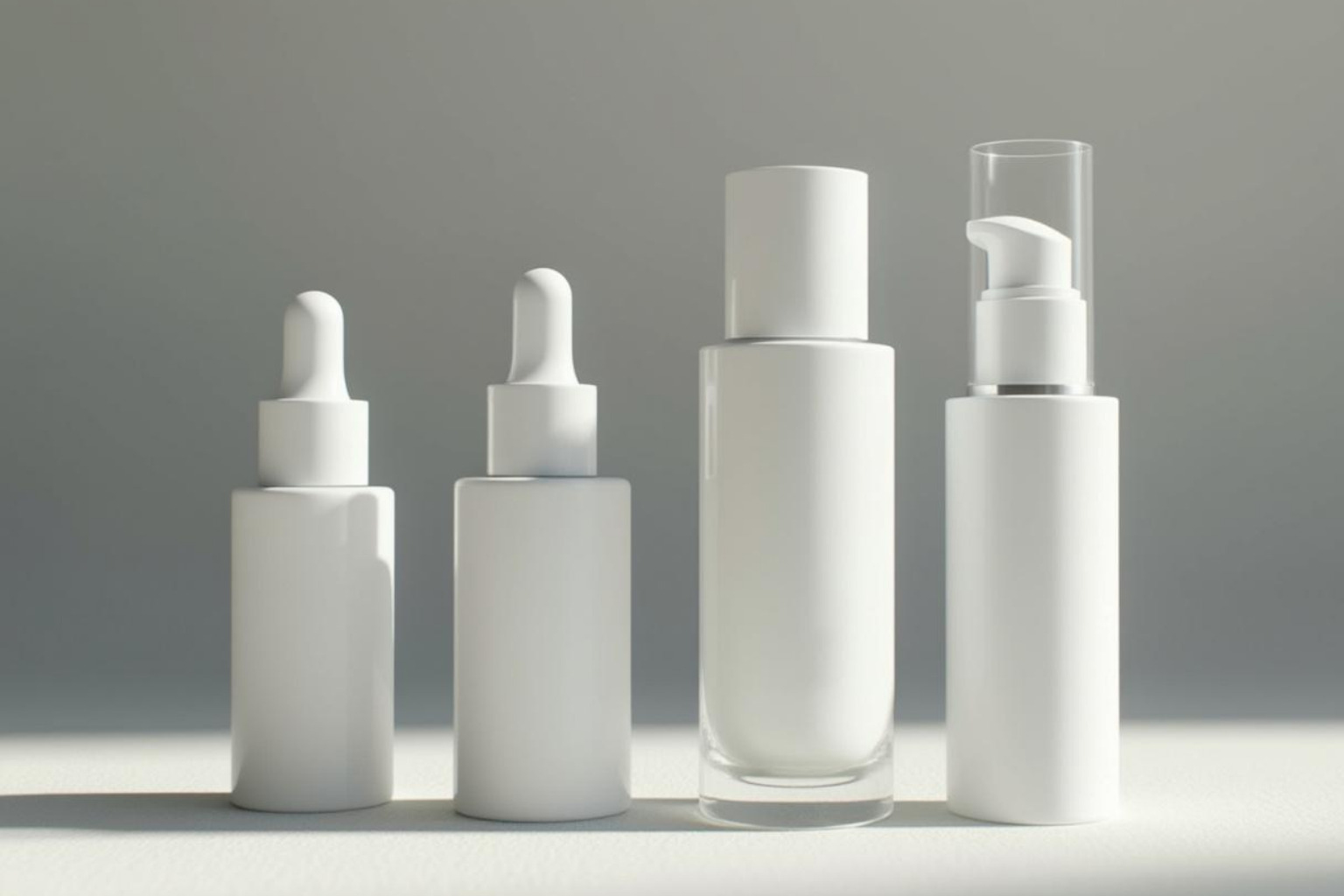 Four minimalist skincare products lined up on a clean surface - Morning skincare routine