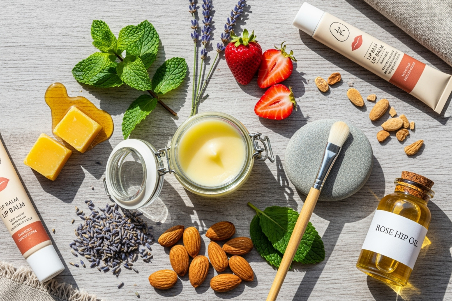 various sustainable lip balm packaging like compostable push-up tubes and metal tins - natural lip care products