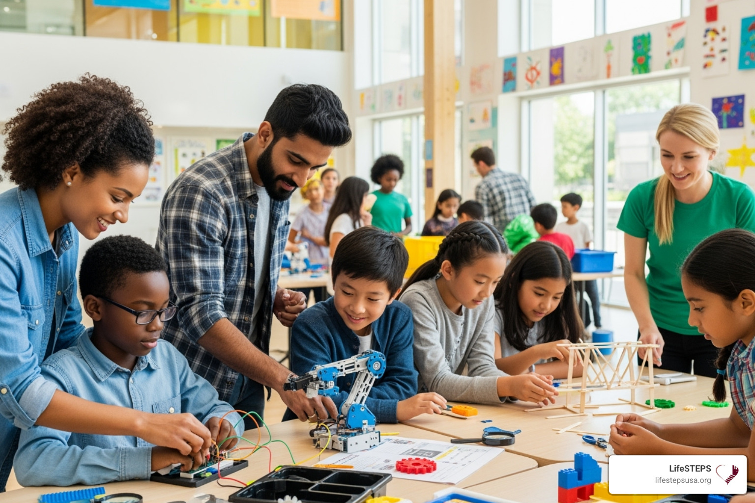 volunteers working with students at a community center - stem programs for underserved youth
