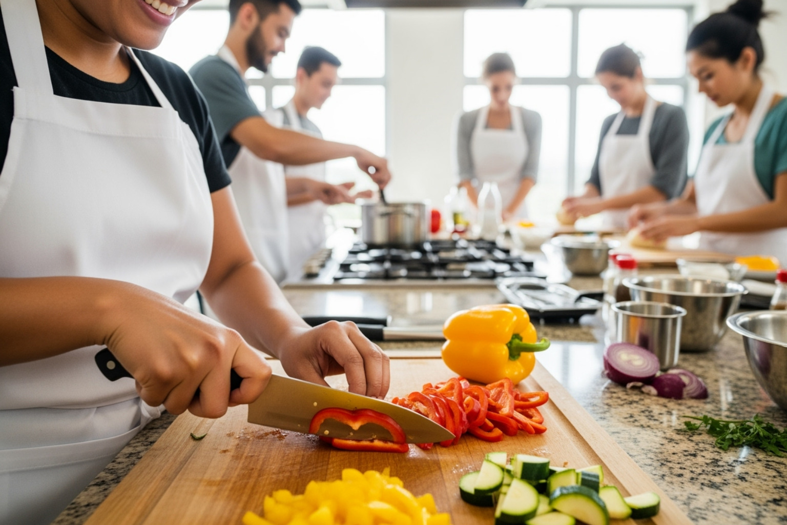 A person participating in a cooking class, happily chopping vegetables with other students. - Local food culture